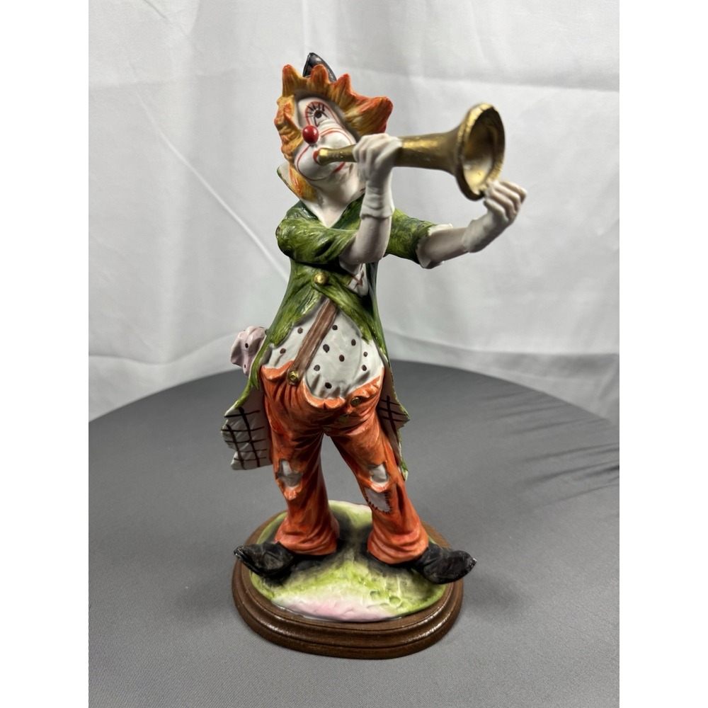 Vintage Porcelain Clown Figurine Playing Trumpet on Wooden Base 11.5 Inch